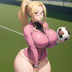 ai_generated big_breasts blonde_hair blush glasses green_eyes hand_covering_pussy original_character pantless ponytail stable_diffusion