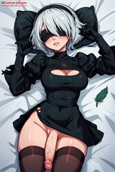 1futa ai_generated big_penis blindfold blush flaccid flaccid_penis futa_only futa_sans_pussy futanari gamarjobson lying_on_back nier:_automata penis seductive white_hair yorha_2b