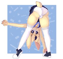 2020 5_fingers alpha_channel anthro ass balls_outline blue_background blush border bottomwear bovid bulge caprine clothing fingers footwear fur gaydotpng genital_outline goat lace_(lacethecutegoat) long_socks looking_at_viewer looking_through looking_through_legs male mammal pattern_background pawpads rear_view shoes simple_background skirt solo transparent_border underwear yellow_body yellow_fur