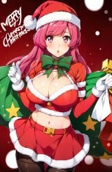 ai_generated bangs bleach breasts christmas christmas_outfit cleavage female gloves hat light-skinned_female long_hair meninas_mcallon merry_christmas midriff navel pantyhose pink_eyes pink_hair sack santa santa_costume santa_hat skirt slender_waist solo stable_diffusion tall_female thighhighs unstable_diffusion wavy_hair