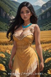 1girls 2:3 ai_generated black_hair cleavage daytime disney disney_princess dress female female_only flowers necklace outdoors outside patreon_username pocahontas pocahontas_(character) primo_aiart public_domain single_strap solo source_removed stable_diffusion standing