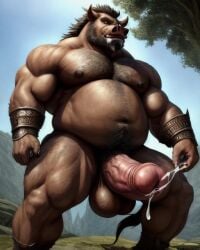 ai_generated anthro anthrofied beard big_belly boar cum cumshot huge_balls huge_cock muscular_anthro porcine