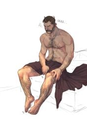 1boy bara bed body_hair brown_hair call_of_duty call_of_duty_modern_warfare_2_(2022) callmefonzu captain_price dilf dog_tags facial_hair greying_hair hairy_arms hairy_chest hairy_male human itching john_price male male_nipples male_only manly mature_male mustache mutton_chops no_visible_genitalia scars scars_on_chest scratching scratching_balls scratching_crotch sideburns solo solo_male tired waking_up