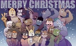 5_fingers absurd_res anatid anseriform anthro anthro_on_anthro antlers armpit_hair avian ben_(t0l0k) bird body_hair bovid bovine brown_hair camelid canid canine canis capybara cattle caviid chihuahua christmas countershade_face countershade_fur countershade_torso countershading deer domestic_dog domestic_pig duck earl_(t0l0k) english_text equid equine eyebrows felid fingers finn_(t0l0k) fish floppy_ears fur genitals gesture group hair haplorhine hector_(t0l0k) hi_res holidays horn interspecies jesus_(t0l0k) kangaroo keegan_(t0l0k) lagomorph leporid llama looking_at_viewer luke_(t0l0k) macropod male male/male mammal marine marsupial monkey new_world_deer nude one_eye_closed open_mouth open_smile pantherine paul_(t0l0k) penis pilosan primate rabbit reindeer rhinoceros rodent shark sloth smile smiling_at_viewer suid suina sus_(pig) t0l0k tail text tiger toy_dog v_sign xenarthran zebra