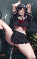 ass_visible_through_thighs black_eyes black_serafuku black_skirt black_socks bow bowtie breasts clenched_teeth commentary_request female highres jack_dempa large_breasts looking_at_viewer miyamae_shiho_(jack_dempa) mole mole_on_thigh mole_under_eye original pleated_skirt pussy_juice red_bow red_bowtie sailor_collar school_uniform serafuku short_sleeves skirt smile socks solo standing teeth thighs underboob white_sailor_collar