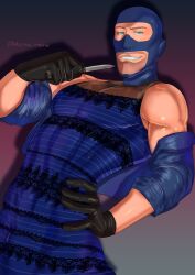 1boy alcornoz balaclava blue_and_black_dress dress french its_that_one_blue/gold_dress_btw male_only moobs muscular_male spy spy_(team_fortress_2) spy_is_not_that_buff_but_whatever team_fortress_2 tight_clothing white_and_gold_dress