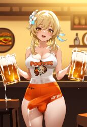 ai_generated alcohol balls beer beer_mug blonde_hair breasts bulge bulge_through_clothing clothed crop_top cum cum_on_clothes cum_on_penis cum_through_clothes cumdrip dickgirl doseogwan ejaculation employee_uniform erect_penis erection erection_under_clothes futa_only futanari genshin_impact hair_flower hands-free handsfree_ejaculation holding_beer holding_object hooters hooters_uniform indoors looking_at_viewer lumine_(genshin_impact) open_mouth orange_shorts penis short_hair short_shorts shorts smile solo solo_futa standing sweat tank_top thighs visible_penis_shape waitress white_tank_top wide_hips yellow_eyes