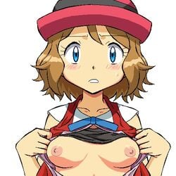 1girls aliasing bangs black_bra blue_eyes blush bra_lift breasts embarrassed female flashing gomatarou hat human human_only looking_at_viewer nintendo nipples pokemon pokemon_xy porkpie_hat serena_(pokemon) shirt shirt_lift short_hair short_serena shy simple_background small_breasts solo unbuttoned white_background