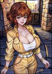 ai_generated april_o'neil belt big_breasts cleavage grin indoors inside jacket jumpsuit large_breasts orange_hair stable_diffusion tampopo teenage_mutant_ninja_turtles undershirt yellow_jumpsuit