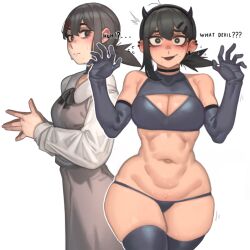 1girls black_hair breasts chainsaw_man dialogue edit english_text female gonzalo_costa higashiyama_kobeni kelvin_hiu light-skinned_female light_skin medium_breasts short_hair succubus_costume thick_thighs third-party_edit wide_hips