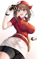 :d absurdres alternate_breast_size amagi_korona belt bike_shorts bike_shorts_under_shorts blue_eyes bow_hairband breasts brown_hair female hairband highres holding holding_poke_ball large_breasts may_(pokemon) medium_hair open_mouth poke_ball pokemon pokemon_rse shirt short_shorts shorts simple_background smile solo ultra_ball white_background white_shorts yellow_belt