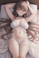 1girls ai_generated bralette brown_hair choker female lace laying_down laying_on_bed lingerie looking_at_viewer panties stable_diffusion thighhighs white_lingerie