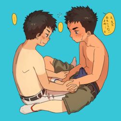 2boys blush brown_hair bulge erection full_body male_only multiple_boys shot sitting socks sweat tan tanline topless underwear undressing yaoi young