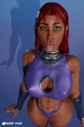 1girls 3d abs ahe_gao alien artist_logo artist_name big_ass big_breasts clothed dc_comics face_focus female female_only fit_female green_eyes harp_toad hourglass_figure human legs_together muscles muscular_female no_visible_genitalia orange_skin red_hair solo starfire tall_female teen_titans tongue tongue_out