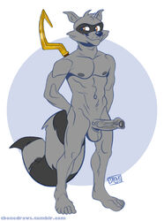 1boy abs anthro balls cane foreskin male male_only mammal mask muscular nipples nude pecs penis raccoon sly_cooper sly_cooper_(series) smooth_fur solo tbonedraws uncut video_games