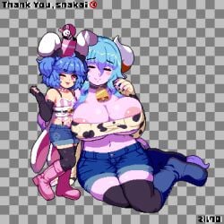 areola_slip areolae_slip femboy femboy_on_female huge_areolae huge_breasts midriff mirukuro092 smug snakai snakai_audhumla_(badapplebat) wide_hips yatsmugi_(yatsmochi)