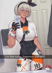 1girls abs bea_(pokemon) blush clothed clothing english_text female female_focus female_only fully_clothed gym_clothes gym_leader looking_down mirror mirror_selfie muscular muscular_female photo pokeball pokemon pokemon_ss reflection selfie short_hair smartphone snapchat solo solo_female speedl00ver text tomboy white_eyes white_hair