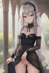 1girls ai_generated black_dress cute dripping_pussy elf elf_ears elf_female elf_girl exposing_pussy exposing_self female green_eyes hair_ornament lifting_up looking_at_viewer small_breasts stable_diffusion wet_pussy white_hair