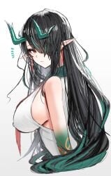 1girls arknights black_hair chinese_clothes chinese_dress dragon_girl dragon_horns dusk_(arknights) female female_focus female_only horn/wood huge_breasts light-skinned_female light_skin long_hair looking_at_viewer looking_back pointy_ears red_eyes side_boob sideboob tagme