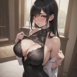 1girls ai_generated big_breasts black_hair blush cleavage exposing_chest female lace large_breasts lifting_up lingerie looking_at_viewer red_eyes stable_diffusion