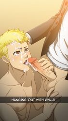 2boys atlus blonde_hair blush bottomless brown_eyes camera cell_phone cum_dripping cum_in_mouth cum_on_face cum_on_hair cum_on_tongue erect_nipples erection facial fellatio gay hand_on_head head_out_of_frame holding_penis looking_at_partner male male_only megami_tensei multiple_boys nipples penis persona persona_5 ren_amamiya ryuji_sakamoto shirtless snapchat suiton testicles text uncensored yaoi