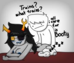 ._. artist_request asdfmovie black_hair blue_blush breasts crossover doggy_style english_text eyepatch first_porn_of_character glasses homestuck i_like_trains mine_turtle ryan_(asdfmovie) sleeping text vriska_serket white_body white_hair