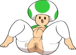 1boy 2022 anus ass balls barefoot big_ass big_balls black_eyes blush clothing dat_ass fat_ass femboy flaccid full_body hat light_skin looking_at_viewer lying male male_only mario_(series) mob_face on_back open_mouth pants penis simple_background solo surprised testicles toad_(mario) torn_clothes torn_pants vest vilepluff white_background