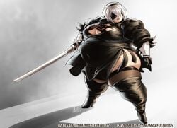 1girls bbw belly big_belly big_breasts blindfold breasts clothed clothing fat female female_only huge_belly huge_breasts light-skinned_female light_skin maxfullbody nier nier:_automata obese overweight short_hair solo thick_thighs thighhighs white_hair yorha_2b