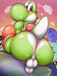 absurd_res anthro anus ass backsack balls big_butt blush boots clothing footwear foreskin genitals green_body hi_res looking_back male male_only mario_(series) nintendo non-mammal_balls penis perineum scalie solo yamausagi0619 yoshi yoshi's_island