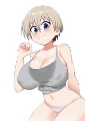 1girls artist_request belly belly_button big_breasts blue_eyes bob_cut breasts cleavage female hips hourglass_figure huge_breasts short_hair shortstack small_waist solo_female sweat sweat_stain sweaty sweaty_breasts sweaty_clothes tank_top uzaki-chan_wa_asobitai! uzaki_hana white_panties