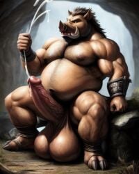 ai_generated anthro anthrofied beard big_belly boar cum cumshot huge_balls huge_cock muscular_anthro porcine