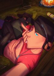 1boy alcornoz blue_eyes campfire clothed_erection exposed_chest scout scout_(team_fortress_2) shirt_lift sniper sniper_(team_fortress_2) snipers_here_too_i_guess suggestive taking_picture taking_selfie tattoo tattoo_on_chest team_fortress_2 tongue_out twink weezer_blue