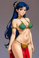 ai_generated belly_dancer belly_dancer_outfit blue_hair brown_eyes cathrynedelamort cleavage collar crossover crossover_cosplay female harem_girl harem_outfit large_breasts loincloth misato_katsuragi neon_genesis_evangelion slave slave_bikini slave_collar slave_leia_(cosplay) slavegirl solo star_wars