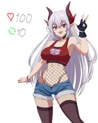 1girls belly_button black_bra black_glove bra breasts clothed clothing demon_girl demon_horns fangs female female_only fingerless_glove fishnets glove horns huge_breasts indie_virtual_youtuber light-skinned_female light_skin like_and_retweet like_icon pointy_ears red_eyes red_nails retweet_icon ripped_clothing ripped_tank_top shorts simple_background sinister_(sinsister) solo sports_bra strip_game tank_top vash_over virtual_youtuber white_background white_hair