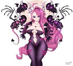 1girls big_breasts breasts demon demon_girl demon_horns female female_only heart ironmouse large_breasts long_hair looking_at_viewer pink_hair pinup rosewald1929 simple_background skin_tight smile solo_female thin_waist virtual_youtuber vshojo