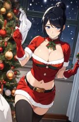 ai_generated black_hair bleach blue_eyes breasts christmas christmas_outfit cleavage female gloves hair_bun hat katagiri_kanae merry_christmas midriff navel sack santa santa_costume santa_hat skirt solo stable_diffusion thighhighs unstable_diffusion