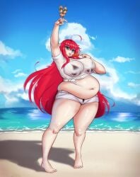 1girls 2023 ahoge bbw beach big_belly blue_eyes chubby chubby_female color food high_school_dxd huge_breasts kebab love_handles overweight overweight_female popsicle red_hair rias_gremory sauteedloin see-through_clothing shorts solo tagme wet_shirt