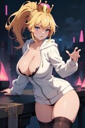 ai_generated balcony black_bra blonde_hair blue_eyes bowsette cleavage curvy horns jacket mario_(series) new_super_mario_bros._u_deluxe ponytail super_crown thick_thighs thigh_highs white white_jacket