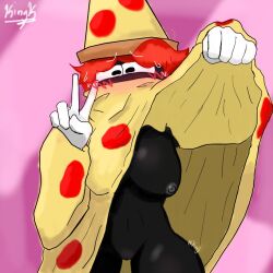 black_body blush breasts_out clothing original_character peace_sign pizza_tower pizzard pussy red_hair rule_63 self_upload tagme thick_thighs