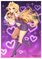 1girls arms_up big_breasts blonde_hair blush card clothed clothing female female_focus female_only large_breasts long_hair looking_at_viewer mai_valentine purple_eyes solo solo_female thighs virus-g yu-gi-oh!