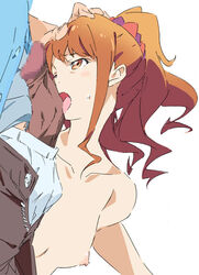 1boy breasts censored clothed_male_nude_female eromanga_sensei fellatio female hand_on_another's_head jinno_megumi looking_back mosaic_censoring nipples nude one_eye_closed open_pants oral orange_eyes orange_hair penis penis_on_face ponytail ringlets scrunchie small_breasts solo_focus sweatdrop tongue tongue_out umanosuke wince