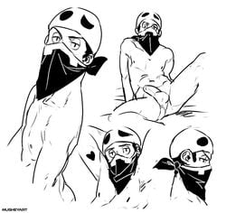 1boy arm_support arms_behind_head artist_name bed_sheet black_eyes collarbone greyscale half-closed_eyes hat heart looking_at_viewer looking_down male male_focus male_only monochrome mugheyart multiple_views navel nude penis pokemon pokemon_(game) pokemon_sm profile solo spread_legs team_skull team_skull_grunt testicles