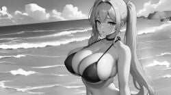 1female 1girls ai_generated beach belly_button big_breasts big_breasts bikini bikini_top black_and_grey black_and_white fable-x female female long_hair long_hair_female massive_breasts rainy_days sea tagme waves white_hair