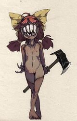 axe demon_girl doppel doppel_(pixiv) female monster_girl nightmare_fuel scar solo standing uncensored weapon