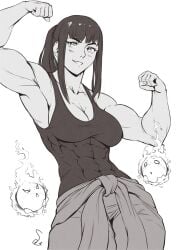 1girls abs big_breasts black_and_white black_hair blush clothed clothing en'en_no_shouboutai enen_no_shouboutai female female_focus female_only fire fire_force large_breasts long_hair looking_at_another muscular muscular_arms muscular_female oze_maki solo solo_female speedl00ver