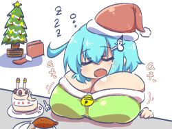 bimbo blue_hair breasts bursting_breasts christmas cleavage eejii gigantic_breasts highres huge_breasts impossible_clothes impossible_shirt large_breasts shirt short_hair shortstack sleeping tight_clothes tight_shirt