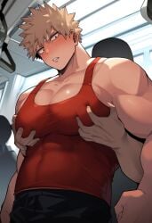 1boy ai_generated blonde_hair ctst4r grope groping groping_from_behind highres katsuki_bakugou male male_focus male_only muscular muscular_male pecs pectorals public public_transportation red_shirt spiky_hair train