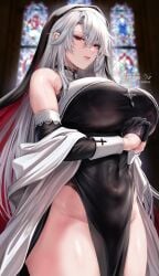 1girls arms big_breasts black_dress breasts church clothing dress female gomi_(hakumaiteacher) hands highres hood huge_breasts legs lips looking_at_viewer nun red_eyes shoulders white_hair wide_hips