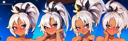 ai_generated blue_eyes candypinklips genshin_impact gray_hair hair_ribbon hands_up heart-shaped_pupils lips mualani_(genshin_impact) naked night_sky patreon patreon_username pixiv sauna smiling smiling_at_viewer stars tanned tanned_female tanned_girl tanned_skin white_hair