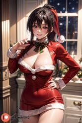 1girls ai_generated akeno_himejima ass bed bedroom big_breasts bikini blue_eyes christmas christmas_outfit christmas_tree dreamai942 female female_only girl hi_res high_resolution high_school_dxd highres large_ass large_breasts looking_at_viewer looking_back open_clothes sideboob solo